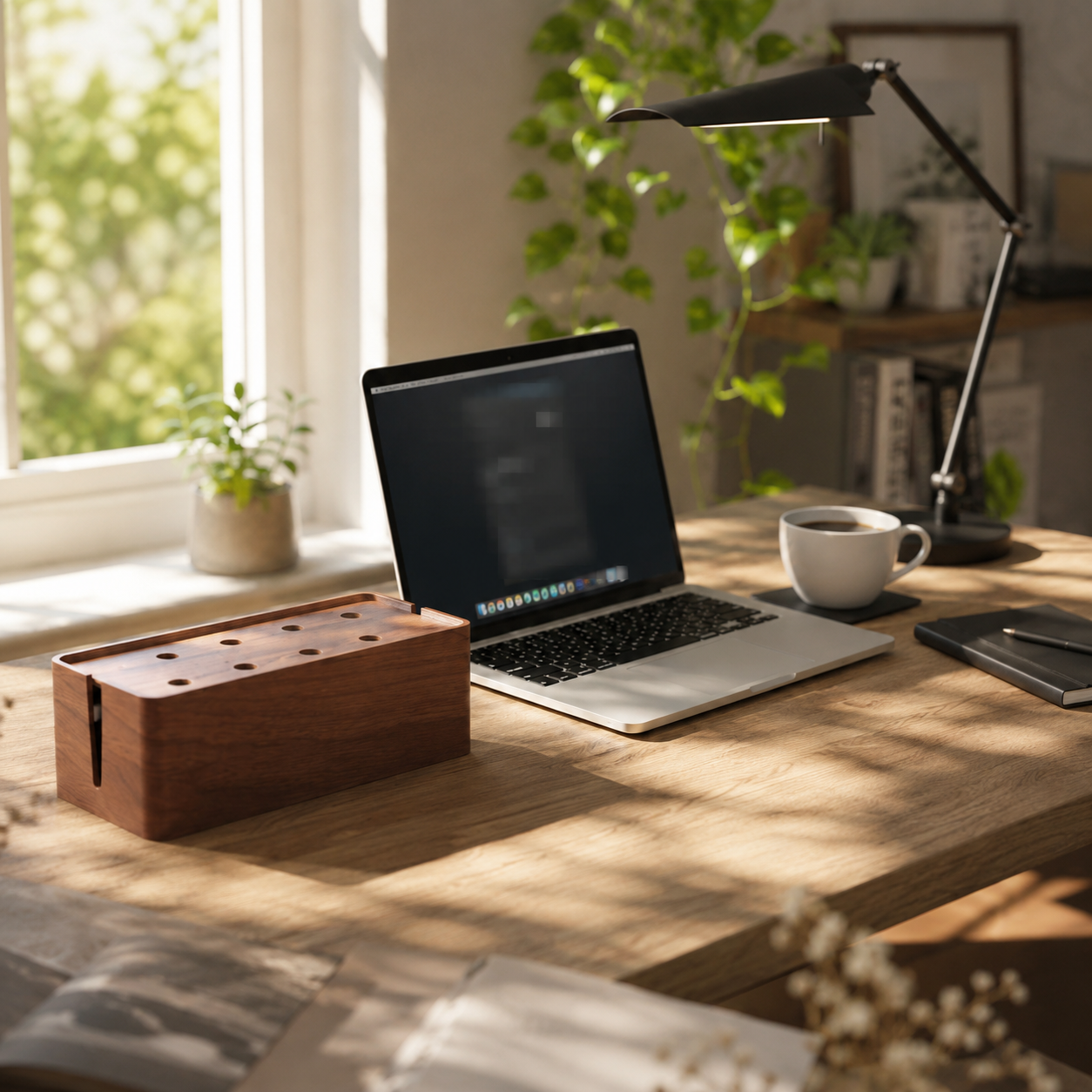 Power Strip Desk - Power Strip Box Walnut Finish Desktop
