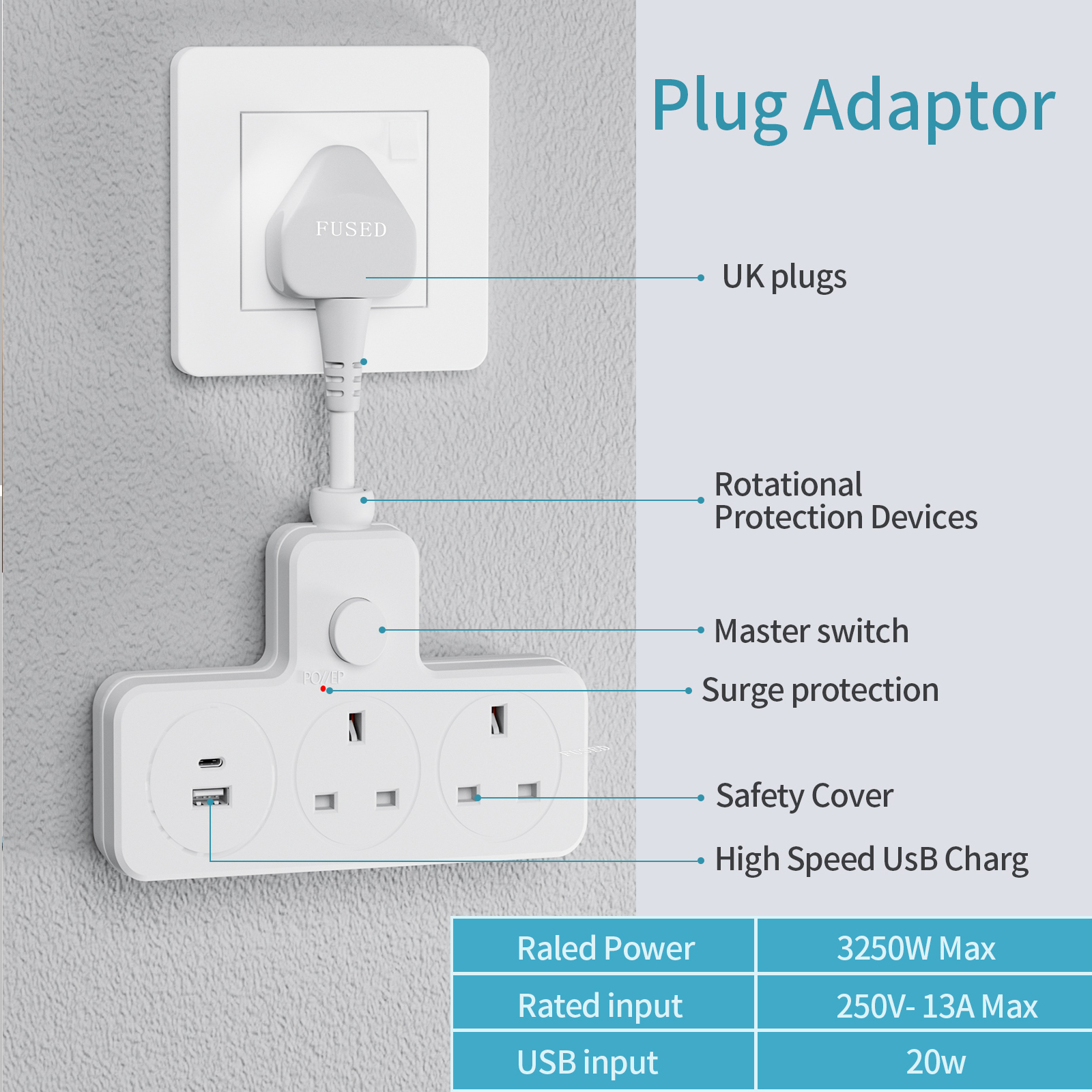 Power Strip Desk - UK Power Plug Wall Outlet 13A