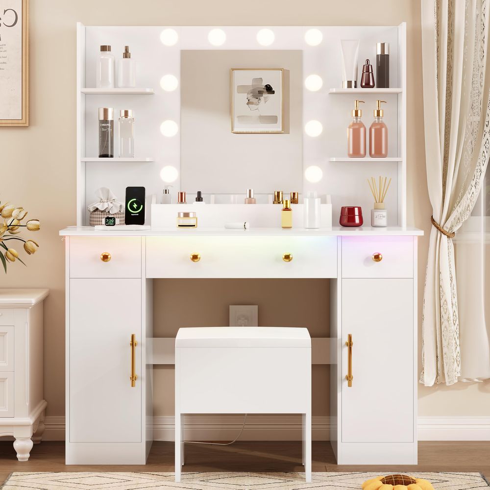 Desk Charging Station - Vanity Desk with Mirror and Lights,