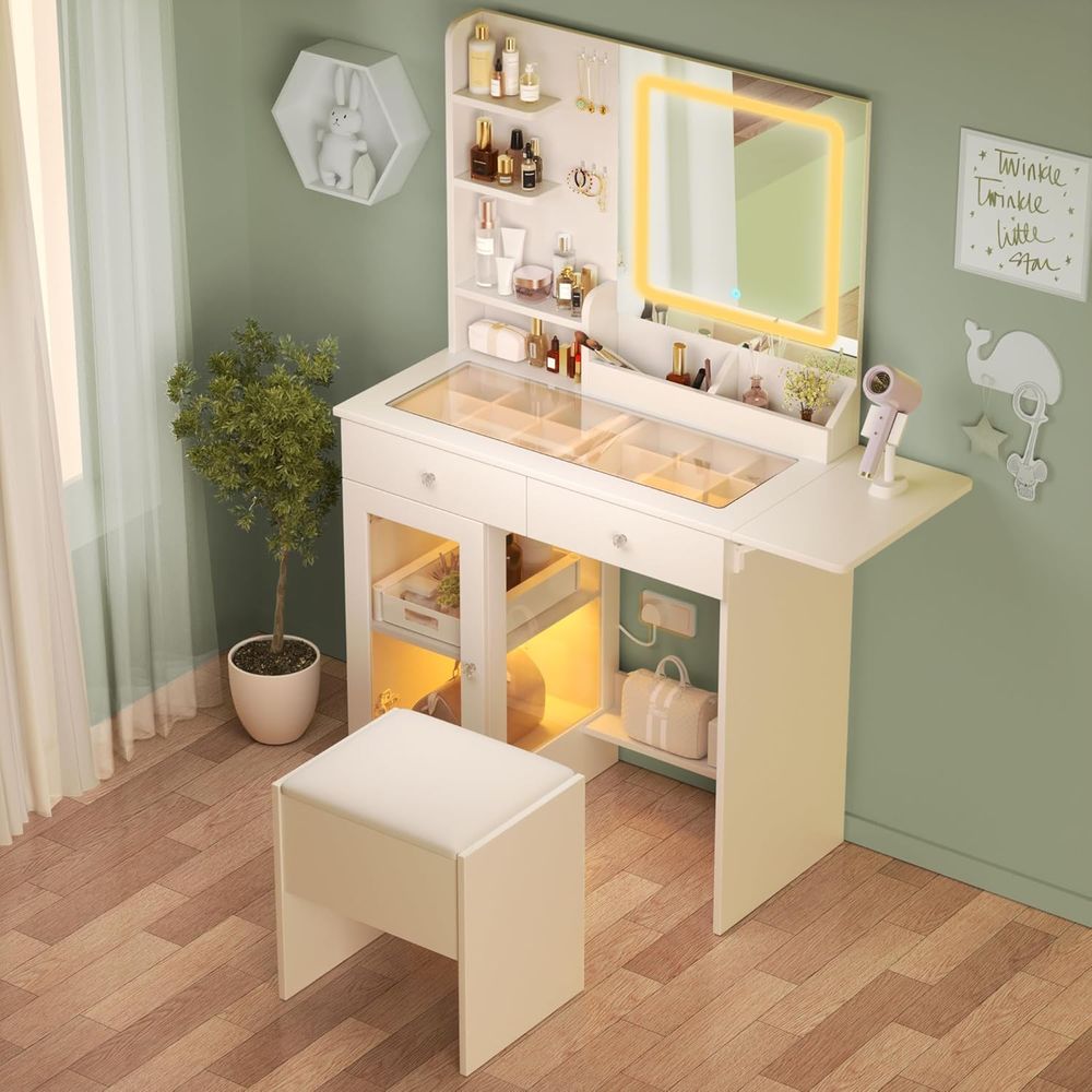 Desk Charging Station - LED Lighted Makeup Vanity with Sliding
