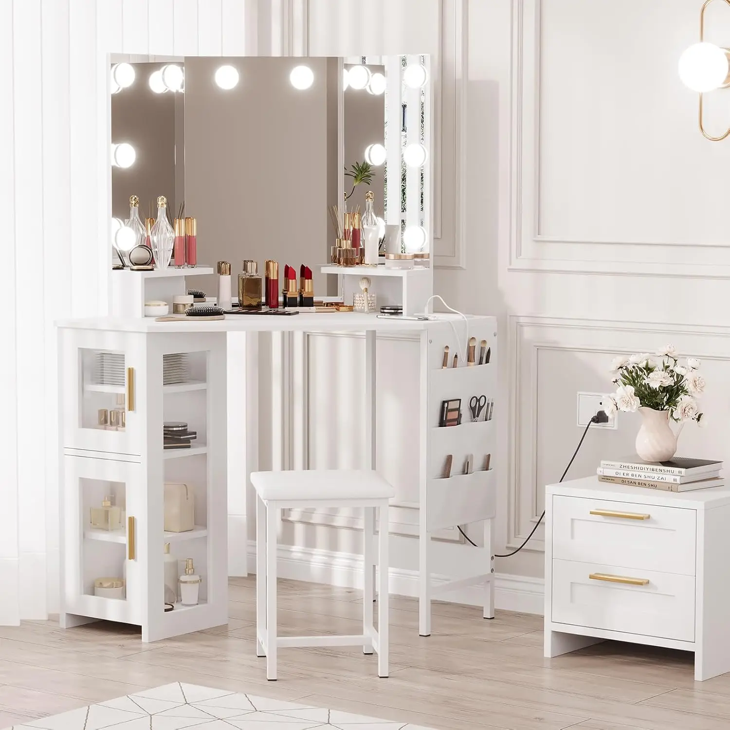 Desk Charging Station - Corner Makeup Vanity Desk with Lighted