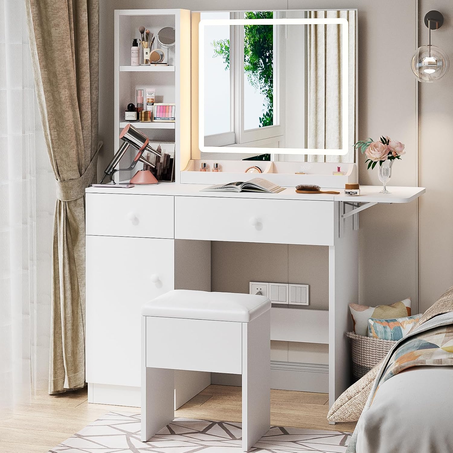 Desk Charging Station - White Vanity Desk with Mirror &