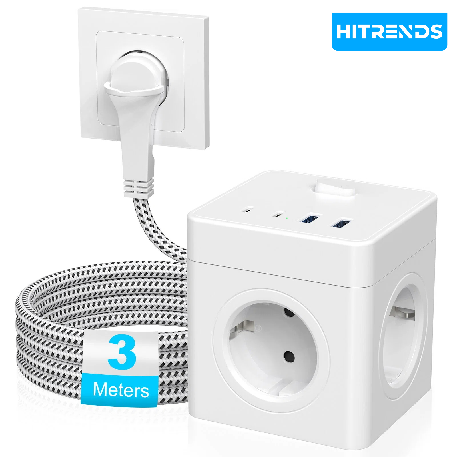 Power Strip Desk - HITRENDS 8-in-1 Cube Socket, 3-meter Extension