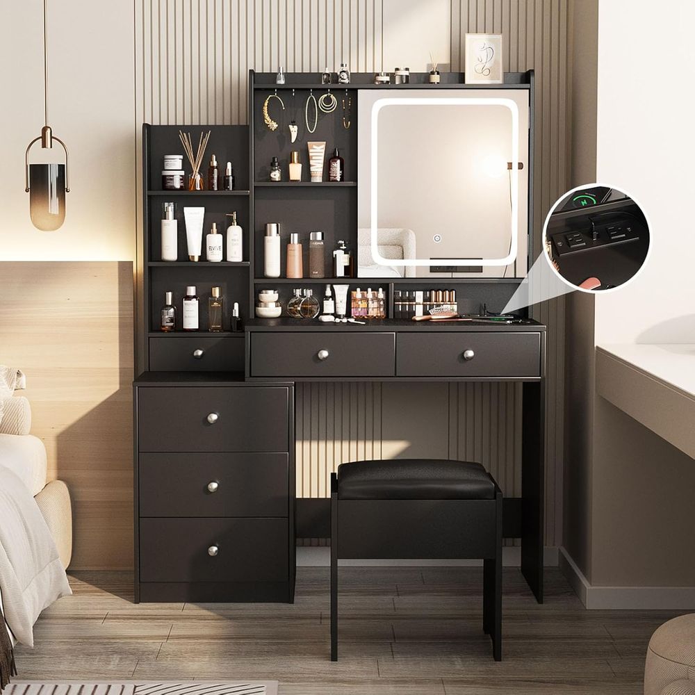 Power Strip Desk - Makeup Desk Vanity Set with Stool,