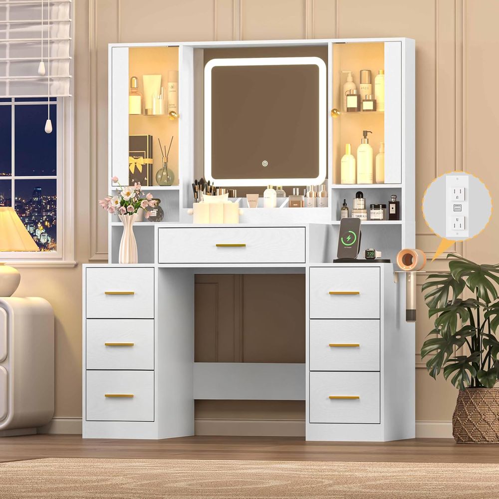 White Makeup Vanity Desk with  - Desk Charging Station avis et prix