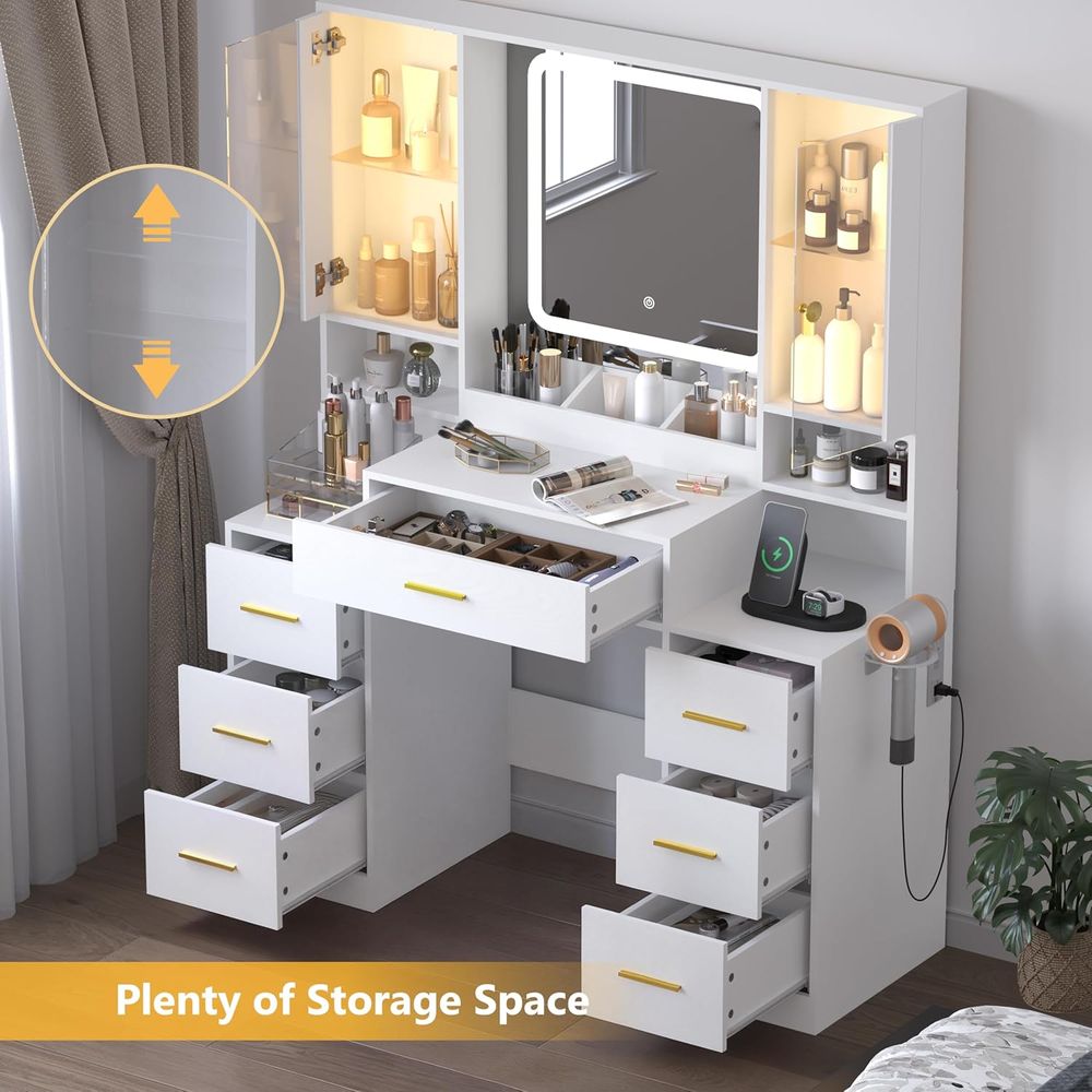 White Makeup Vanity Desk with  - Desk Charging Station avis et prix