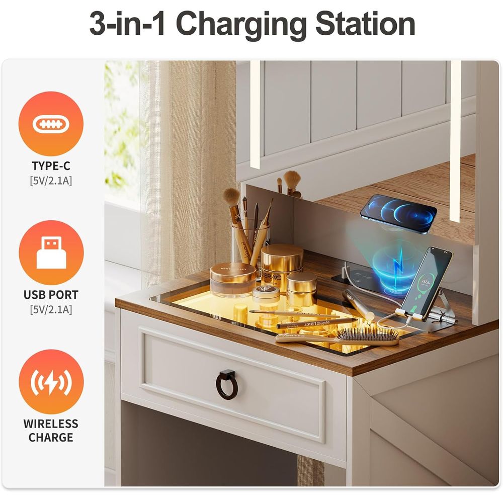 White Compact Makeup Vanity De - Desk Charging Station avis et prix