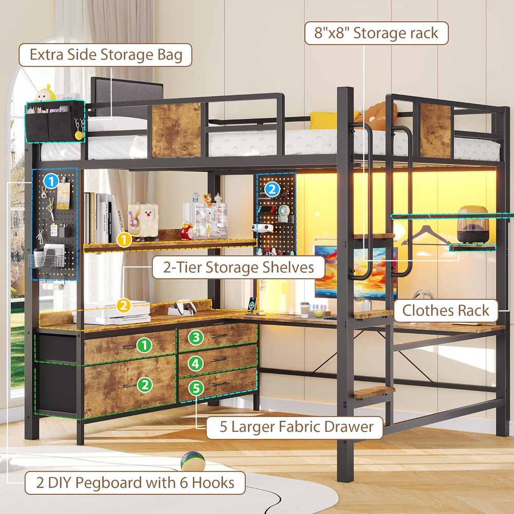 Heavy-Duty Metal Bed with Desk - Desk Charging Station avis et prix