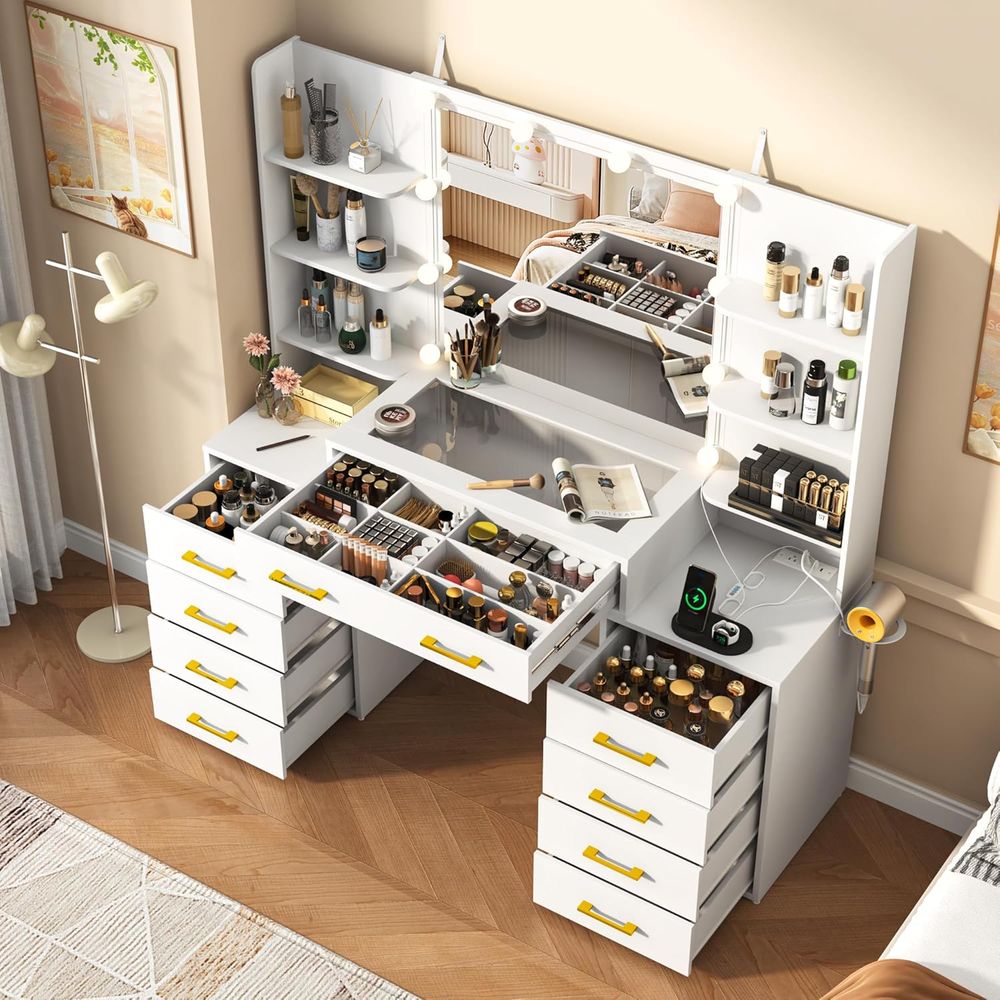 55 Glass Top Vanity Desk with  - Desk Charging Station avis et prix