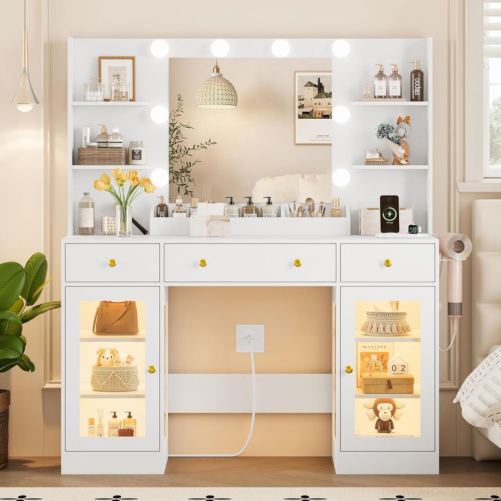 LED-Lit Makeup Vanity Desk wit - Desk Charging Station avis et prix