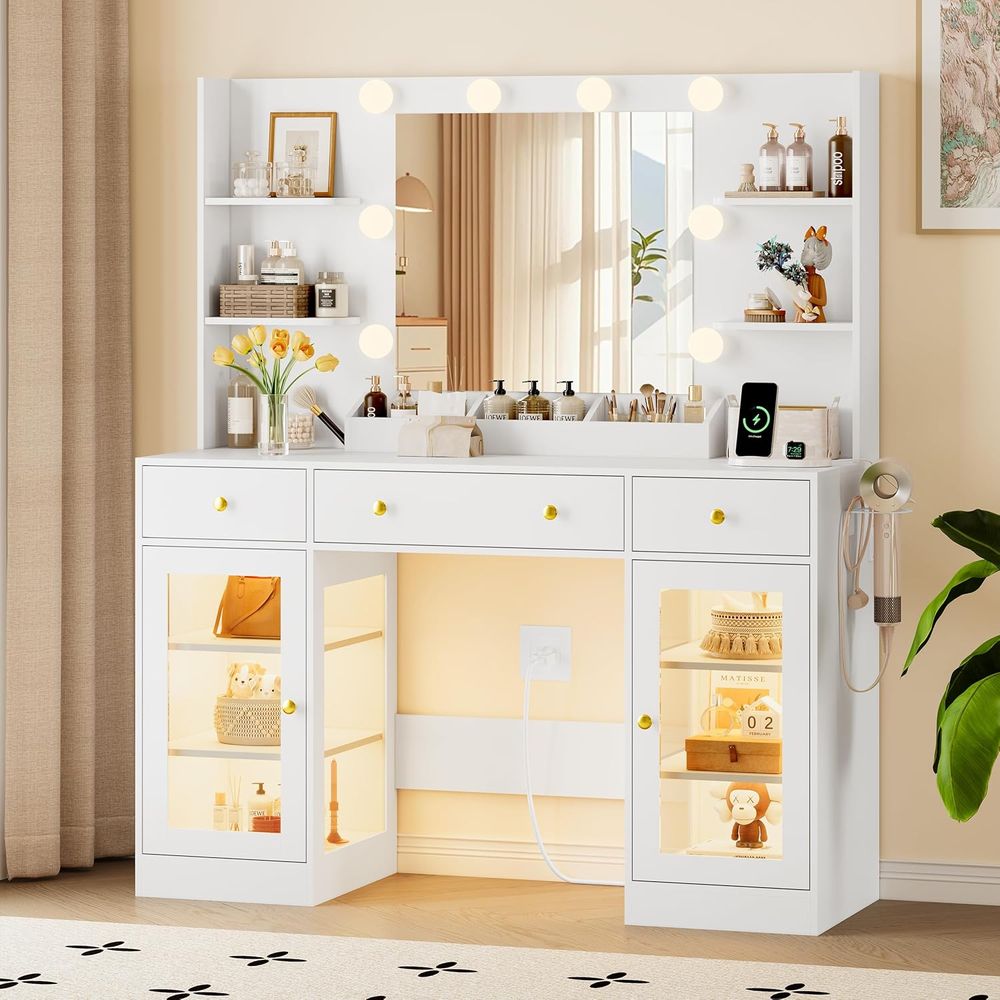 LED-Lit Makeup Vanity Desk wit - Desk Charging Station avis et prix