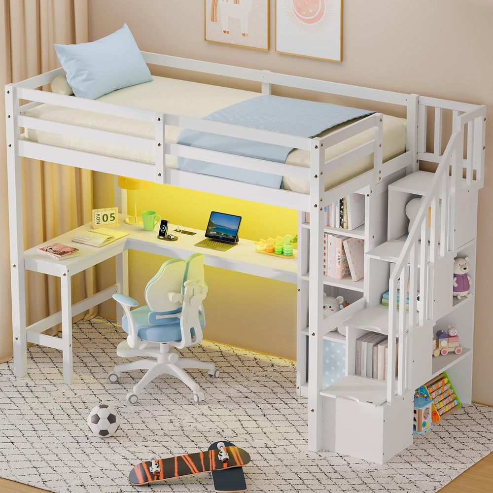 Twin Lot Bed with Stairs, Desk - Desk Charging Station avis et prix