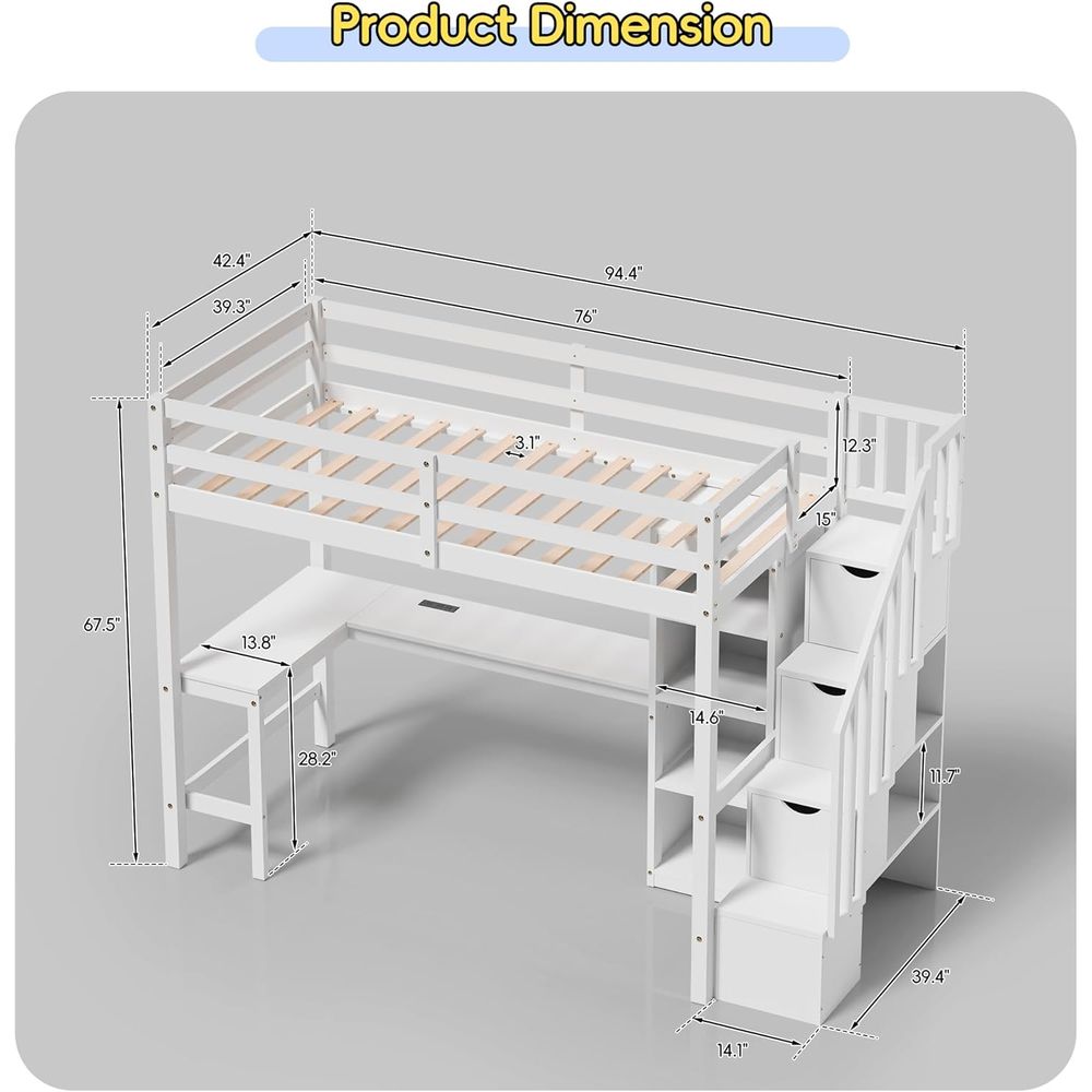 Twin Lot Bed with Stairs, Desk - Desk Charging Station avis et prix