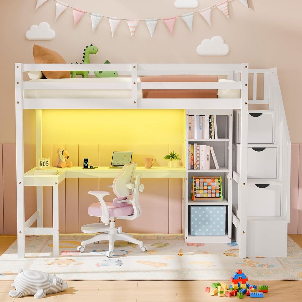 Twin Lot Bed with Stairs, Desk - Desk Charging Station avis et prix
