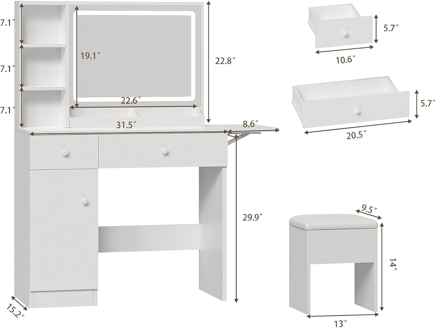 White Vanity Desk with Mirror  - Desk Charging Station avis et prix